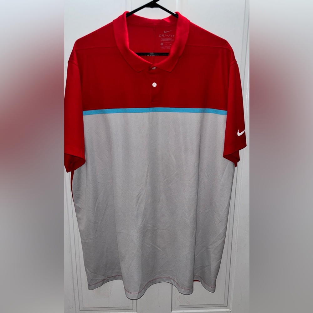 Nike Men’s XXL Red and Light Gray Polo with Aqua Stripe